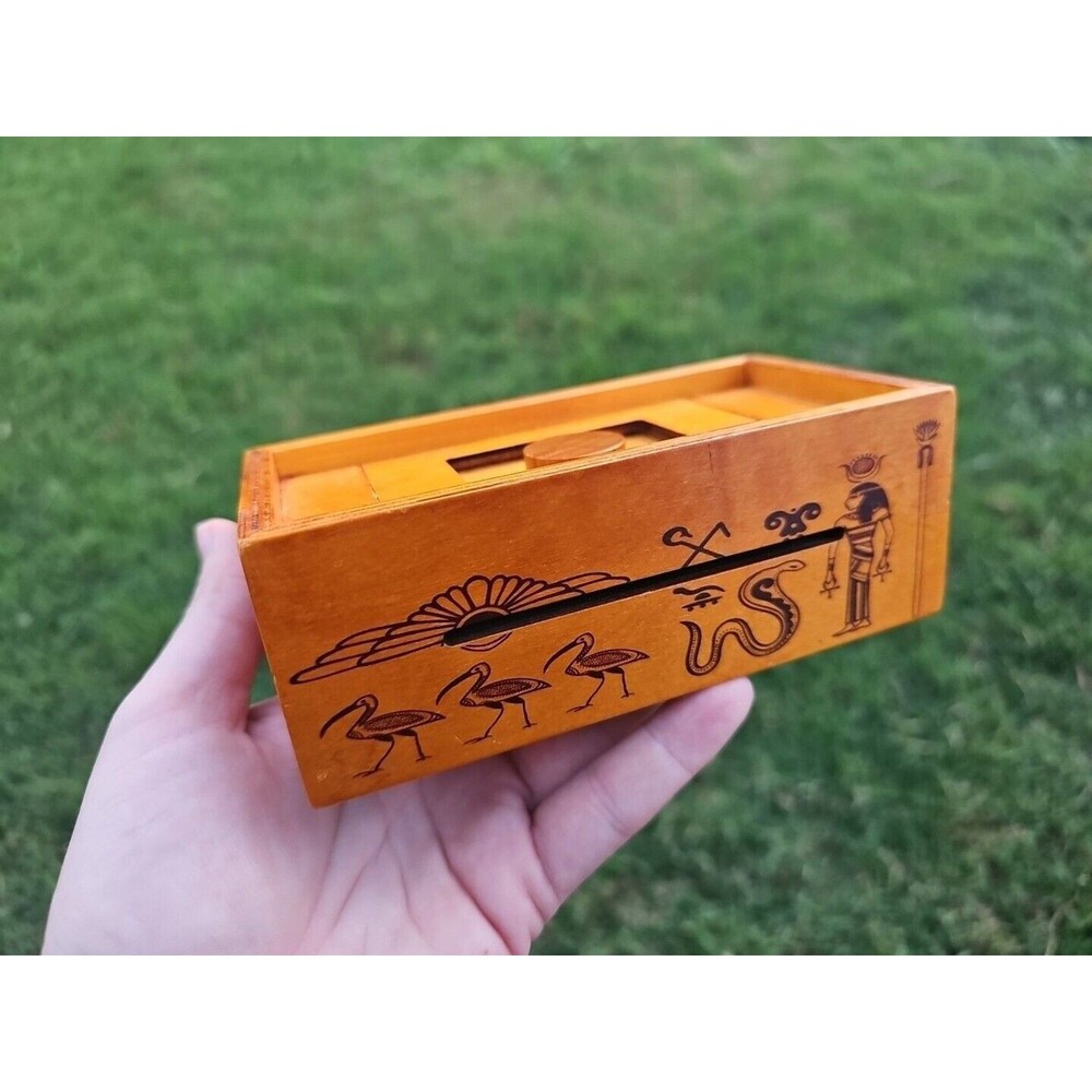 Egypt Wood Puzzle Box Pharaoh Birds Cobra Ankh Gods Hieroglyphs